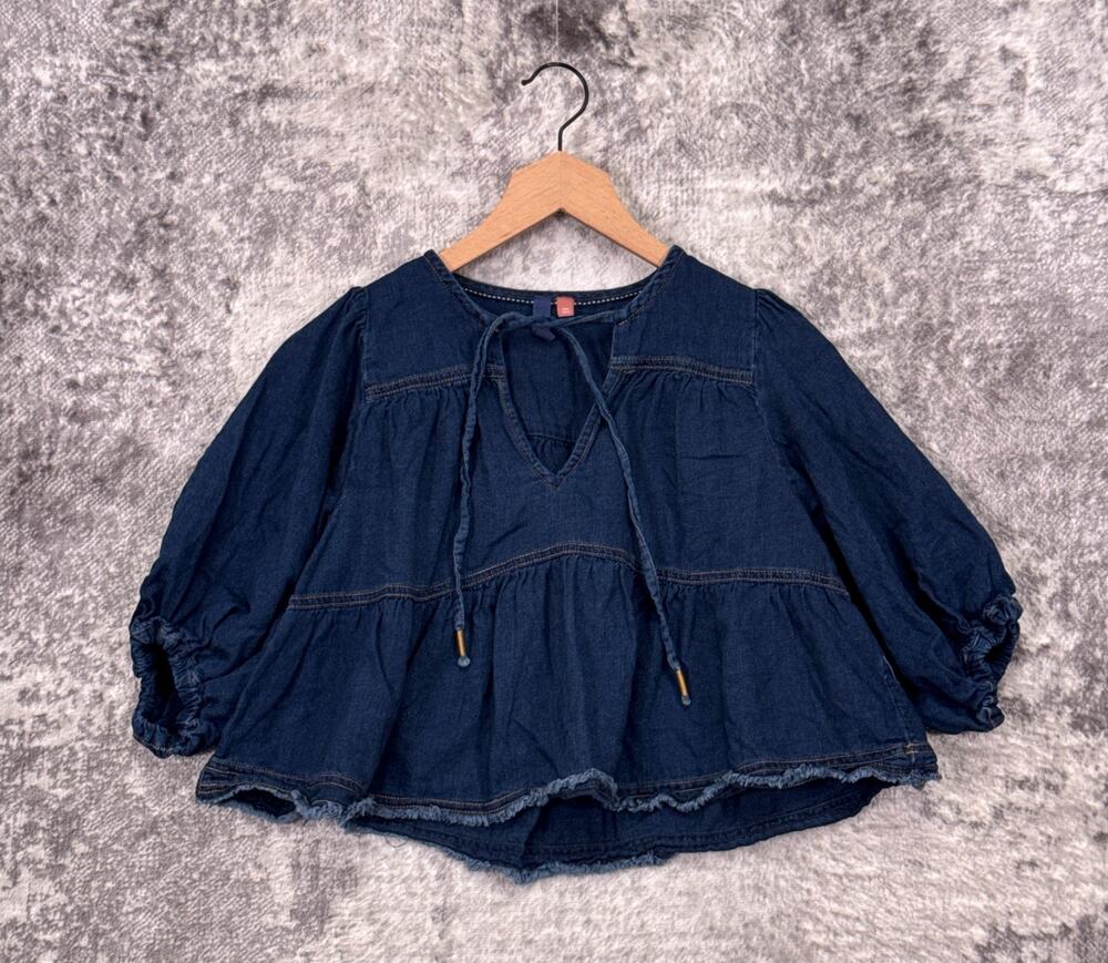 Anthropologie Baby Doll Top XS Petite Womens Pilcro Blue Lightweight Denim